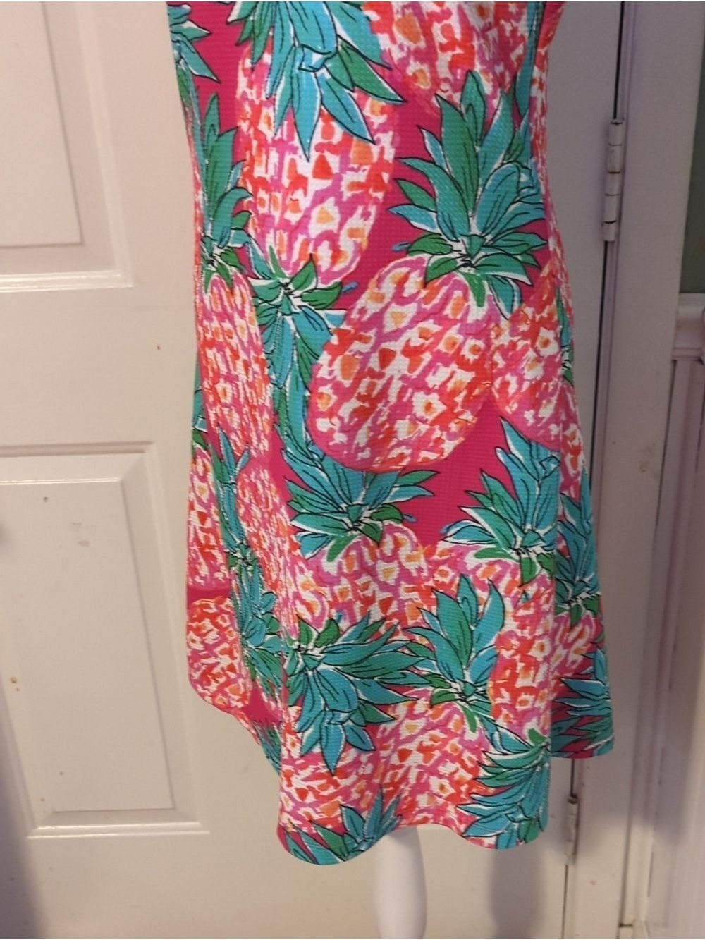 Ronni Nicole Hot Pink Tropical Trim Sleeveless Midi Dress Pineapple Design Small - Picture 3 of 11